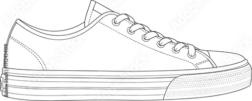 Black and white sneaker line drawing with lace‑up design, detailed sole and stitching, footwear vector illustration for fashion, product and educational projects