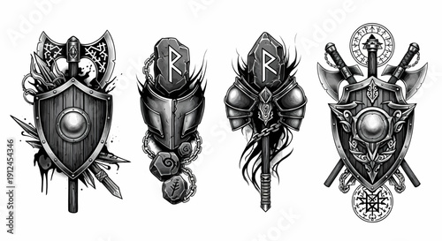 Collection of medieval shields and swords illustration showcasing various warrior emblems and heraldic symbols in monochrome