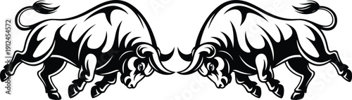 Two Charging Bulls Facing Each Other, Powerful Animal Symbol of Strength, Aggression and Financial Market Rivalry Illustration Isolated on White Background