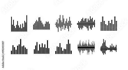 dynamic black audio wave and sound equalizer graphics for music apps digital interfaces audio tech and visual spectrum display.