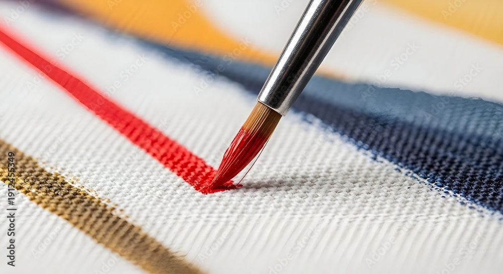 Fototapeta premium Close-up of a paintbrush applying red paint to a canvas with striped background