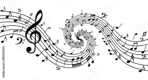 dynamic spiral of black music notes and flowing staff lines featuring treble and bass clefs a modern graphic illustrating abstract musical harmony and rhythm.