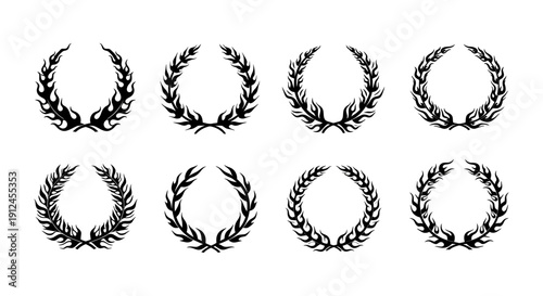 eight black and white flame and laurel wreath designs isolated on white ideal for logos emblems awards and graphic design.