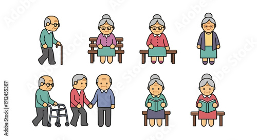 elderly people engaged in everyday activities including walking sitting and reading illustrating senior lifestyle and aging concepts.
