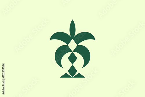 A minimalist logo of a stylized palm tree composed of dark green geometric diamond shapes and curved fronds, centered on a pale lime green background