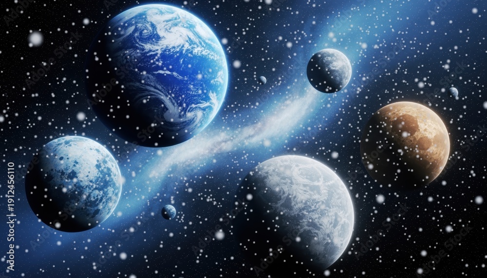 Obraz premium Celestial Symphony: A breathtaking depiction of the cosmos, featuring the radiant Earth alongside a constellation of other planets, set against a backdrop of the galaxy's ethereal beauty.