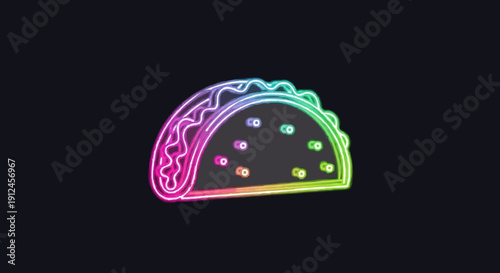 Single taco icon, neon glowing outline style, vibrant electric colors, black background, centered composition, modern nightlife food branding concept.