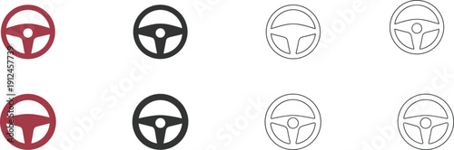 Steering wheel icon set collection, automotive control symbol variations in solid and outline style isolated on white background vector