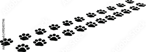 Black silhouettes of animal paw prints arranged diagonally, pet trail vector illustration, wildlife design, tracking nature theme concept