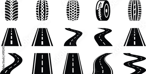 Tire tread and road icon set collection, black silhouette highway and wheel track vector illustrations isolated on white background