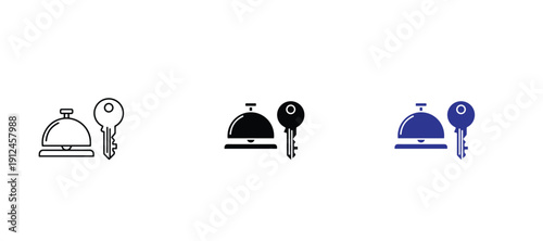 Hotel Service Bell and Key Icon Set Outline Vector Collection for Hospitality, Reception, Concierge, Booking and Customer Service Design