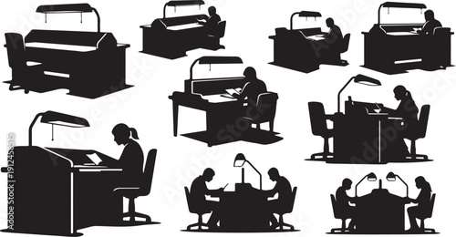 Silhouettes of people working in office settings with lamps