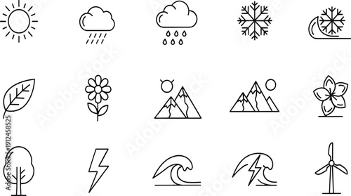 Print Minimalist Nature and Climate Icon Set Featuring Solar Symbols Storm Clouds Mountain Landscapes and Renewable Wind Energy Elements