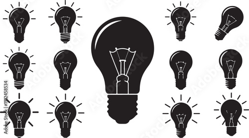 Collection of light bulb icons in black and white