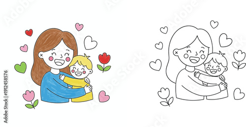 Cute Hand-Drawn Mother and Child Hugging Illustration with Hearts and Flowers, Colored Version and Line Art Template for Mother's Day Coloring Book Page Vector