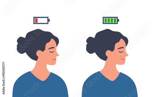 Level energy with battery of woman with low tired and full happy. Person strong power high energy compare with burnout, stress.