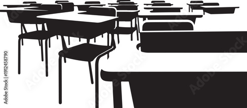 Empty classroom with black desks and chairs on white