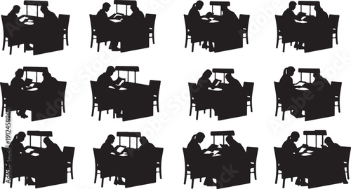 Silhouettes of people working at desks in office setting