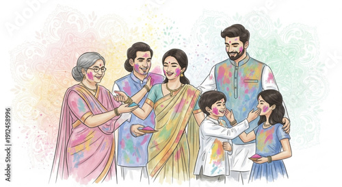 Happy Indian family celebrating Holi festival with colors traditional attire and joyful expressions concept of togetherness and cultural cel
