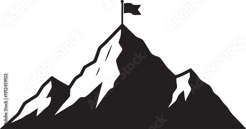 Mountain peak with flag icon silhouette for success, achievement, and goal reaching