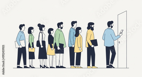 Diverse group of people standing in a queue waiting for entry.