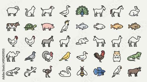 Playful collage of diverse cartoon animals in a vector illustration set: cats, dogs, birds, fish, rabbits, turtles and more