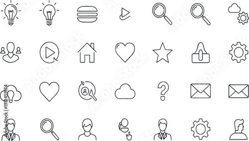 Print Essential Web and User Interface Line Icon Set Featuring Business Communication Creative Ideas Multimedia Playback and Profile Symbols