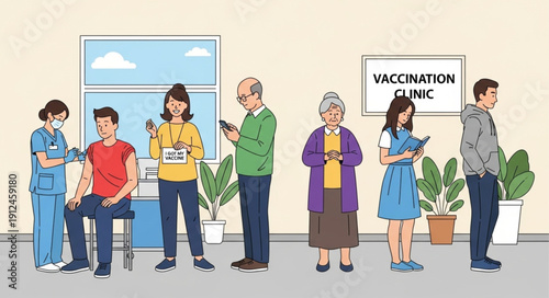 People waiting in line at a vaccination clinic for their shot.
