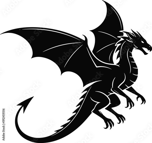 Flying dragon silhouette vector illustration, mythical creature in motion with wings, horns, spiked crest, fantasy beast design for folklore, tattoo art