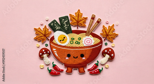 Cute ramen bowl character with smiling face, topped with egg, seaweed, mushrooms, and autumn leaves in soft pastel kawaii style.