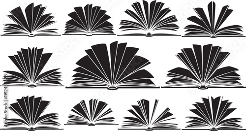 Collection of open books with pages spread wide apart