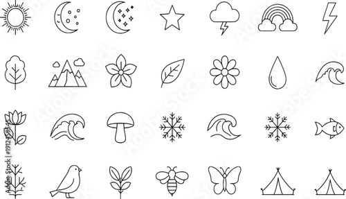 Print Minimalist Nature and Weather Icon Set Featuring Celestial Bodies Seasonal Elements Botanical Flora and Outdoor Camping Symbols