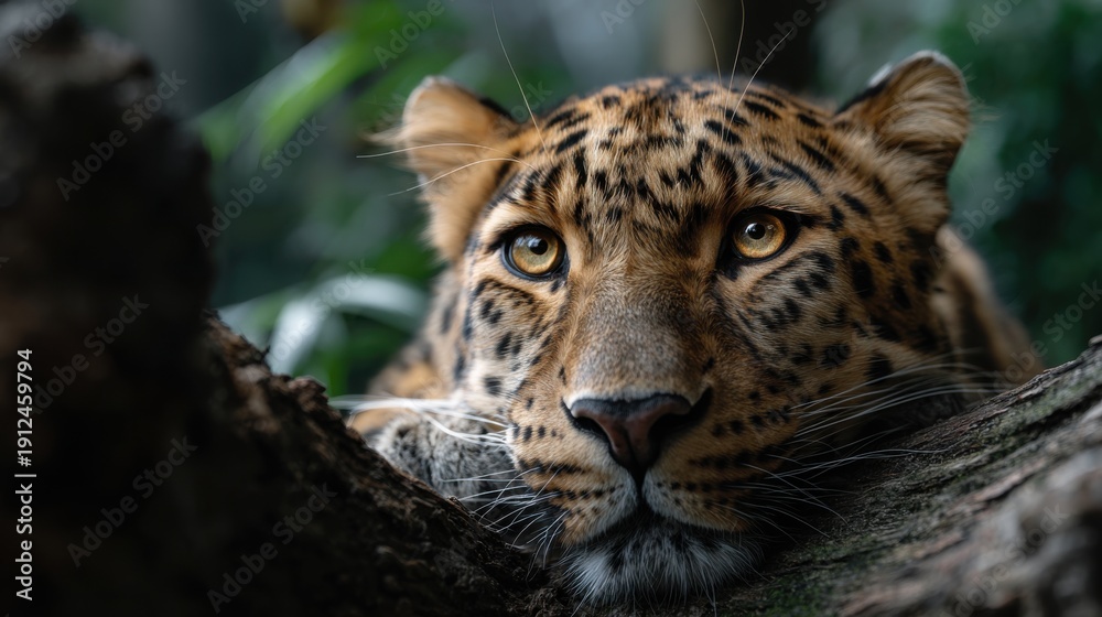Fototapeta premium A leopard lounging on a tree branch