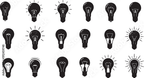 Collection of various light bulb icons in black and white