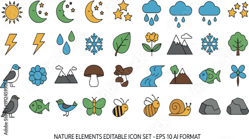 Print Colorful Nature Elements Icon Set Featuring Weather Symbols Forest Wildlife Botanical Flora and Outdoor Landscape Illustrations