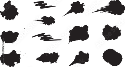 Black ink splatters and brush strokes on white background