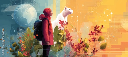 Harmony of Person, Animal, Plant and Environment, Conceptual Nature Balance Scene with Clean Composition and Copy Space for Advertising Use