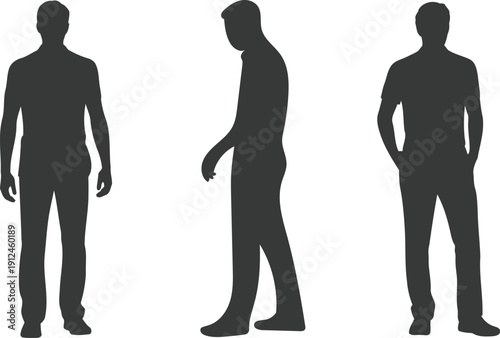 Three black silhouettes of men in different poses