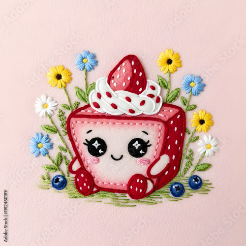 Adorable strawberry cup dessert character topped with whipped cream and fresh strawberry in soft pastel kawaii style.