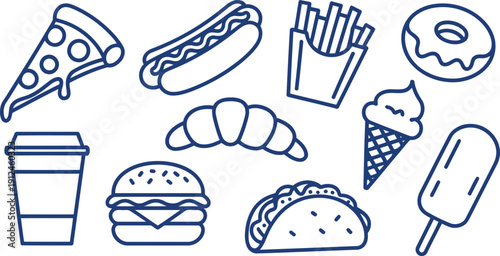 Illustrations of various fast food items and snacks