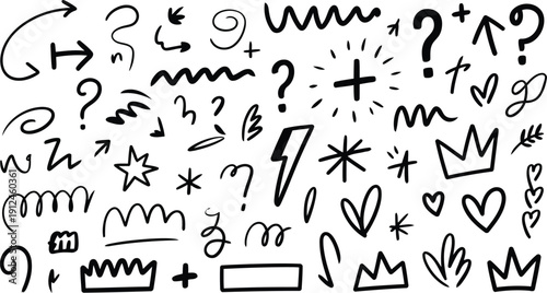 A collection of hand drawn doodles and symbols on a white background