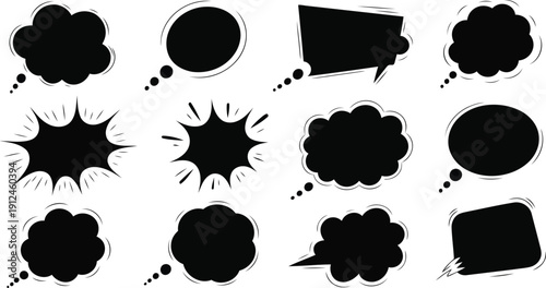 Collection of black comic book style speech bubbles and explosion effects