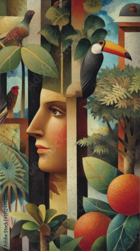 Handsome Face Hidden in Lush Tropical Rainforest, Exotic Birds and Wildlife Surrounding, Bright Colorful Illustration Art, Left Negative Space for Advertising Text, Creative Nature Concept Background