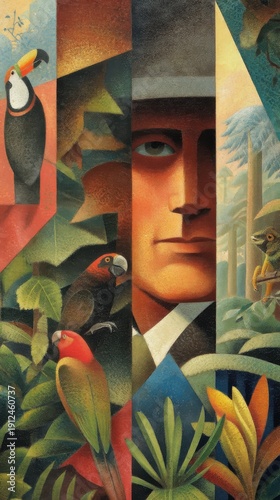 Handsome Face Hidden in Lush Tropical Rainforest, Exotic Birds and Wildlife Surrounding, Bright Colorful Illustration Art, Left Negative Space for Advertising Text, Creative Nature Concept Background