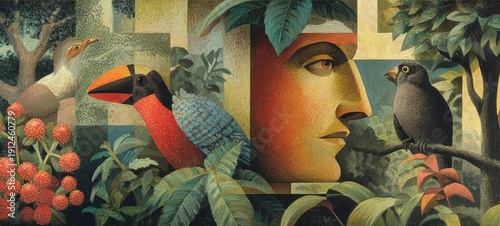 Handsome Face Hidden in Lush Tropical Rainforest, Exotic Birds and Wildlife Surrounding, Bright Colorful Illustration Art, Left Negative Space for Advertising Text, Creative Nature Concept Background