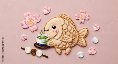 Adorable taiyaki fish pastry character holding a cup of tea in soft pastel kawaii style.
