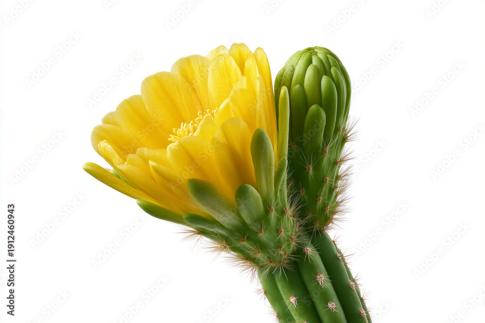 Fototapeta premium Yellow cactus flower blooming on prickly green stem against white background