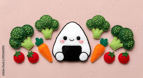Cute onigiri rice ball character illustration surrounded by fresh vegetables in soft pastel kawaii style. Adorable Japanese food themed digital artwork ideal for children products, cafe branding, stic