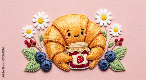 Adorable croissant character holding strawberry jam in soft pastel kawaii style. Cute bakery themed digital illustration suitable for stickers, merchandise, cafe branding, and children products.