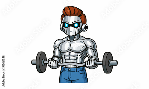 Robot bodybuilder lifting barbell cartoon illustration